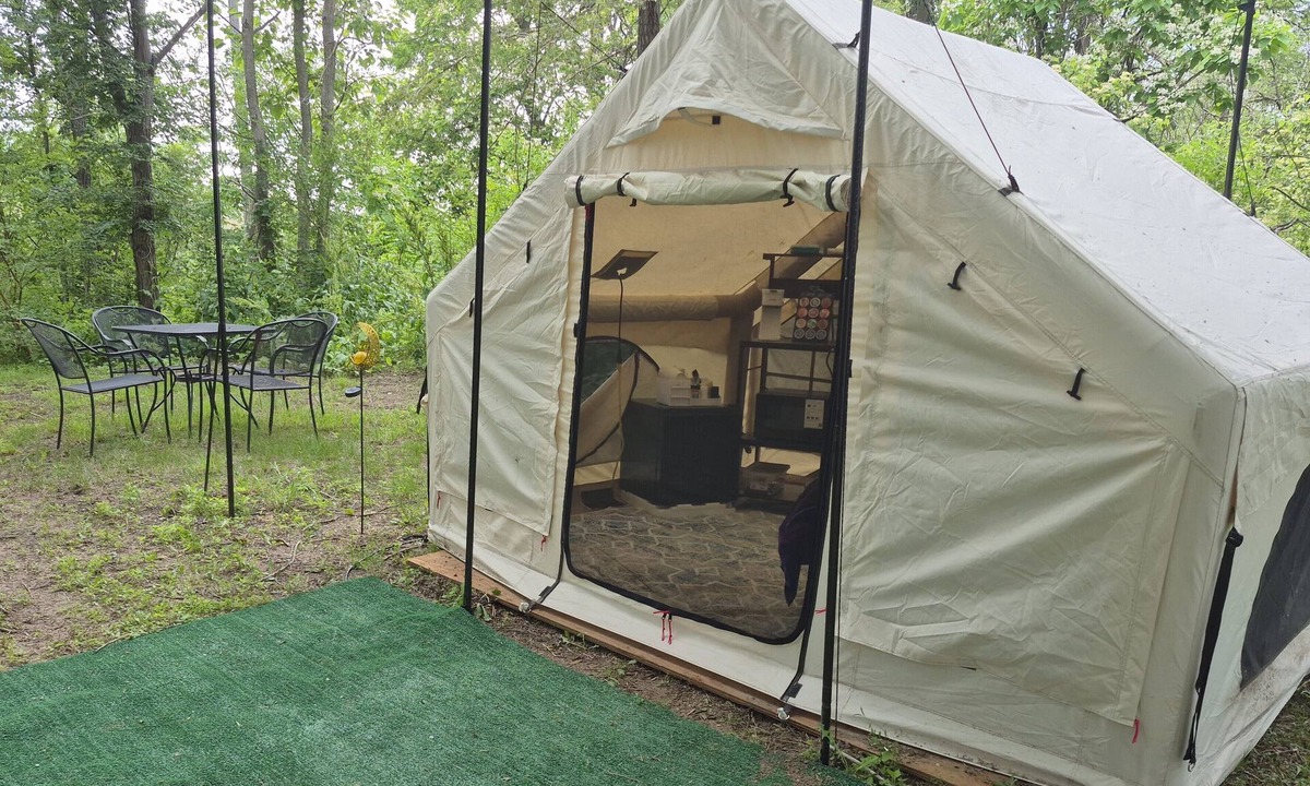 Waterloo RV Rental | Riverfront Serenity Glamping Tent in West Omaha Campground