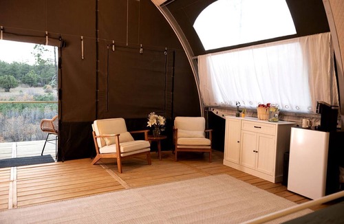 McIntosh RV Rental | Scenic Glamping Tent with Orchard & Farm Animals near Mountainair in Torreon, New Mexico