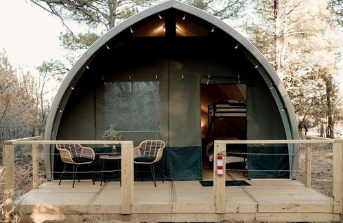 McIntosh RV Rental | Scenic Mountain Glamping Tent with Orchard & Farm Animals near Quarai Ruins in Torreon, New Mexico