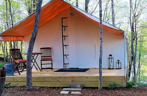 Girard RV Rental | Secluded Luxury Camping Tent on Otter Lake near Girard, Illinois
